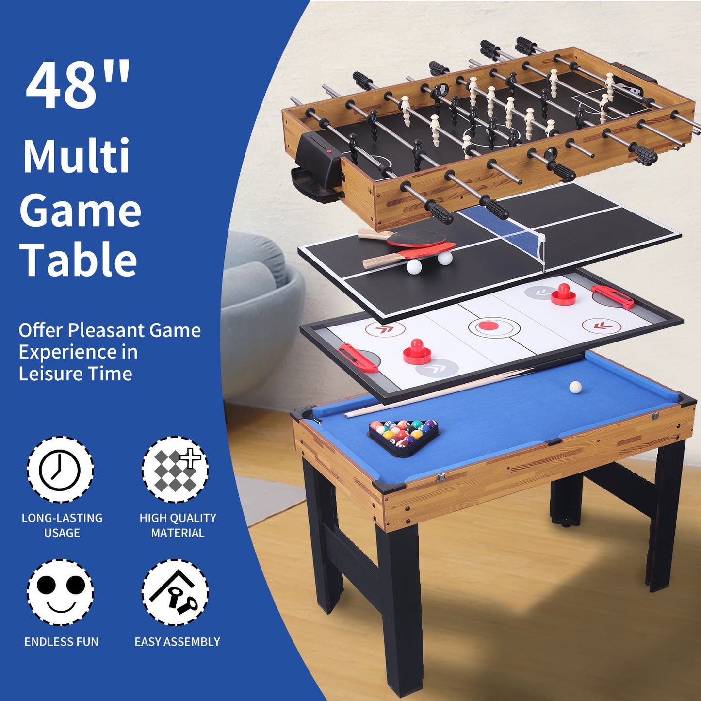 48in Folding Portable Combination Game Table Set With Ping Pong, Air Hockey, Pool Billiards For Kids And Adults, Indoor And Outdoor Games